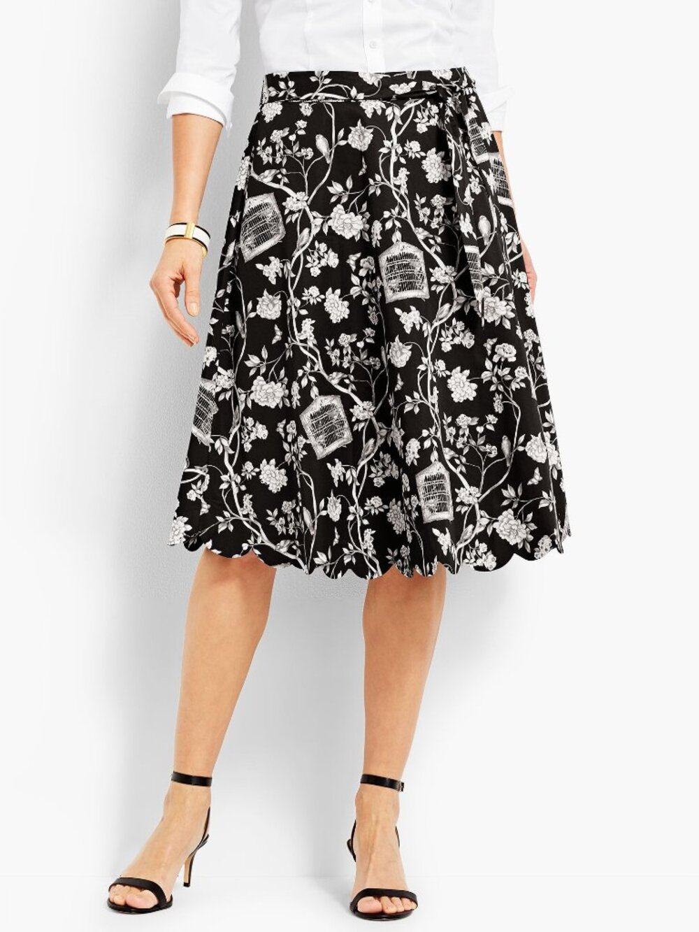 Talbots Scallop Edge A Line Skirt Size 8 Black Gray Floral Birdcage Bird Print